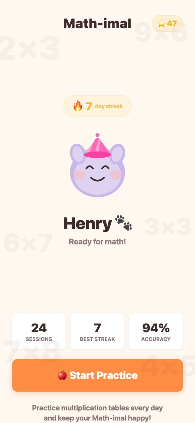 The home screen: a purple Math-imal named Henry with a seven-day streak and 47 stars