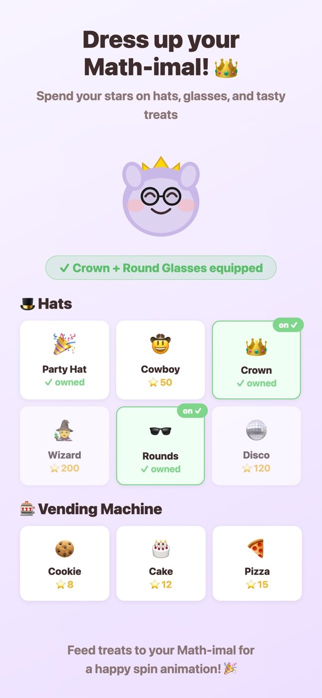 The closet, with hats, glasses and treats to dress the Math-imal in